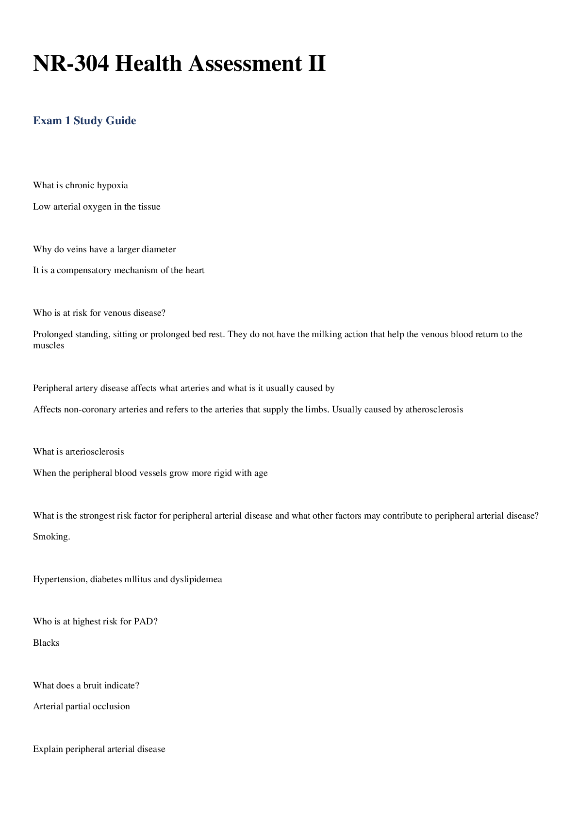NR304 / NR 304 Health Assessment II Exam 1 Study Guide . Chamberlain College Of Nursing